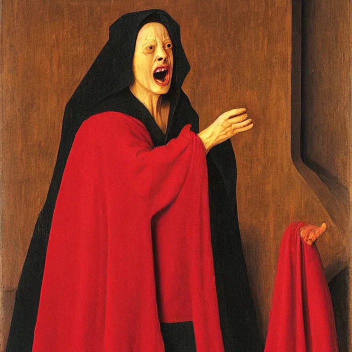 Image similar to an angry screaming woman in a red cloak, fire, by Jan van Eyck