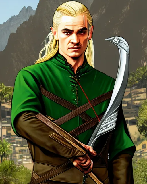 Prompt: Legolas from Lord of the rings in GTA V, Cover art by Stephen Bliss, boxart, loading screen, 8K resolution