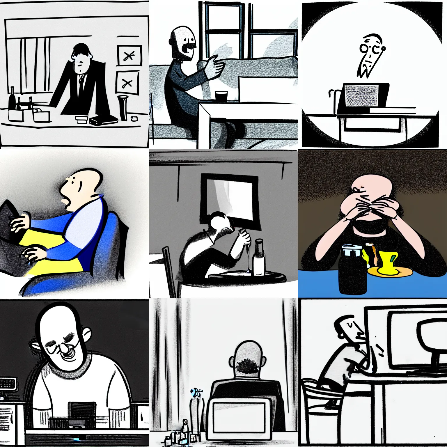 Prompt: a balding drunk man sits in front of a computer, bottles are scattered about. cartoon, sketch, b&w