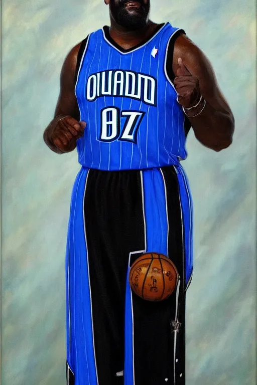 Prompt: full body portrait of shaquille o'neil as the dictator of the orlando magic, 1 8 8 9, in full military garb, magic blue, silver, and black,, oil on canvas by william sidney mount, trending on artstation