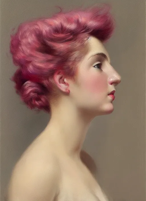 Prompt: a detailed portrait of woman with a mohawk by edouard bisson, year 1 9 4 0, pink hair, punk rock, oil painting, muted colours, soft lighting