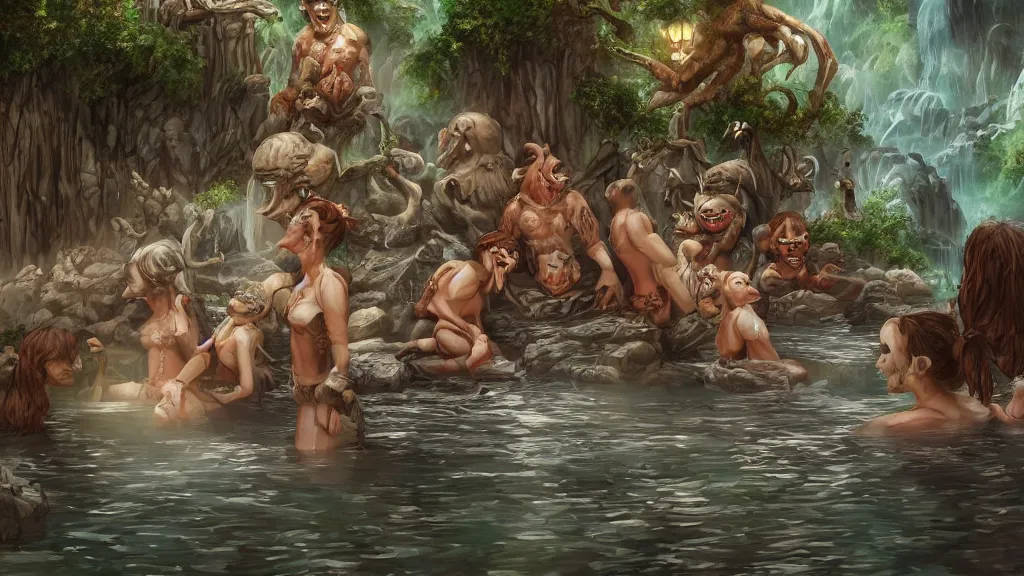 Image similar to goblins relaxing at the hot springs, natural lighting, D&D, fantasy, intricate, elegant, highly detailed, digital painting, artstation, concept art, matte, sharp focus, illustration