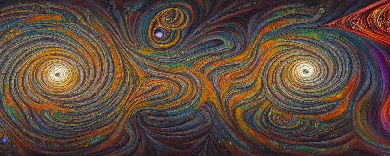 Prompt: a wonderful oil painting of a magic elemental sequential interdimensional galactic fractal mathematics just for practice in the style of junji ito and escher, psytrance and giger, artstationhq, magic realism, 8 k, ornate, detailed