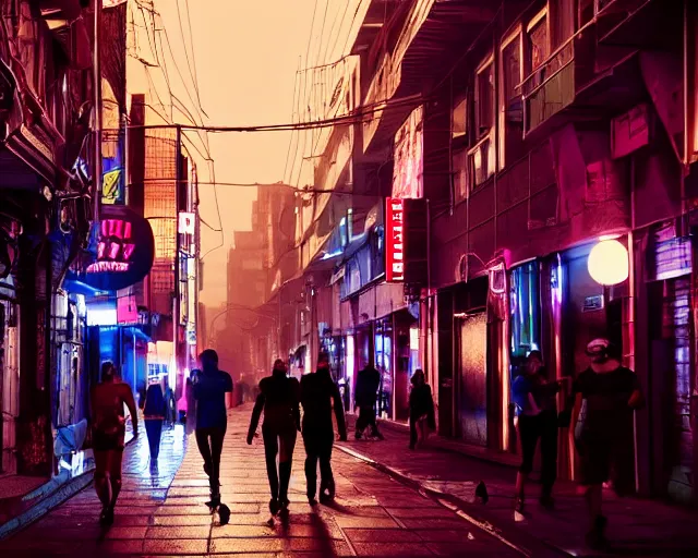 Image similar to people walking down a cyberpunk street at night