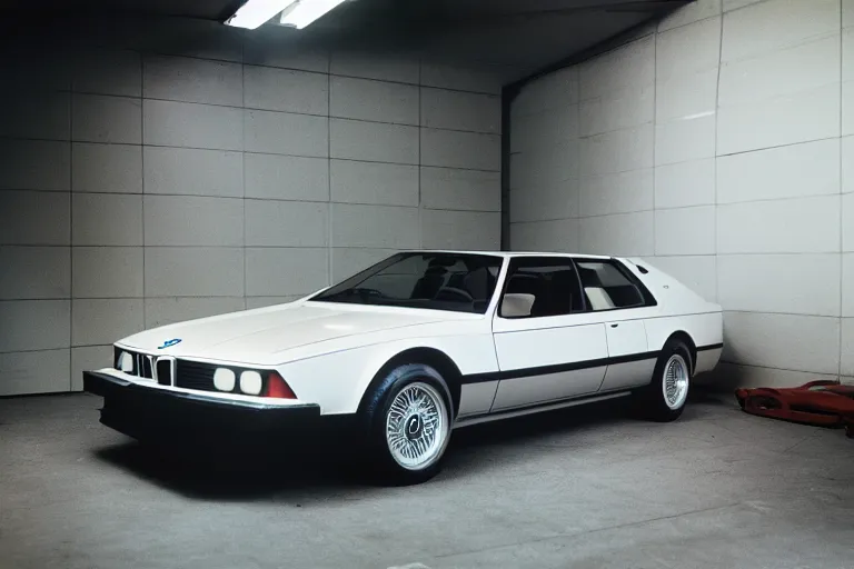 Prompt: single Formula 1, 1984 BMW M1 Lincoln Continental, inside of a minimalist Tokyo garage, ektachrome photograph, volumetric lighting, f8 aperture, cinematic Eastman 5384 film