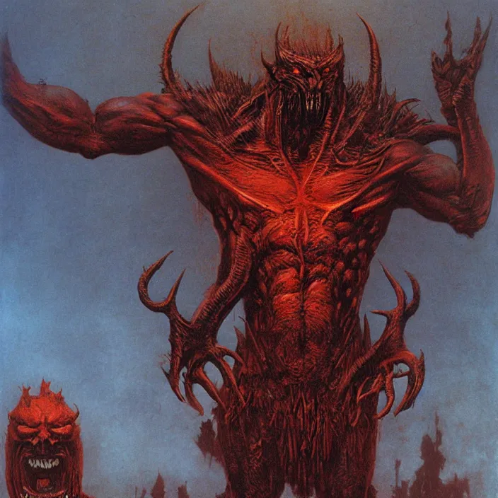 Prompt: demon berserker, symmetrical, muscular body, demon, balrog, beksinski