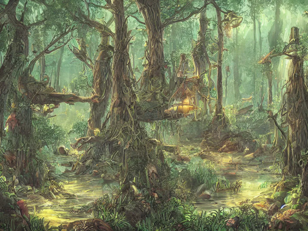 Prompt: a tranquil fantasy forest utopia illustration