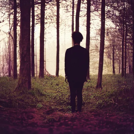 Image similar to kodak portra 4 0 0 photograph of a skinny goth guy standing in a dark forest, back view, flower crown, moody lighting, telephoto, 9 0 s vibe, blurry background, vaporwave colors, faded!,