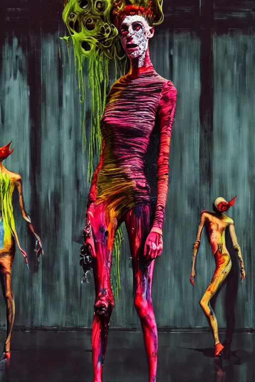 Image similar to crazy fashion catwalk, one model, crazy clothes, biopunk style, horror, clothes look like slime, hauntingly surreal, highly detailed painting by francis bacon, edward hopper, adrian ghenie, gerhard richter, and james jean soft light 4 k,