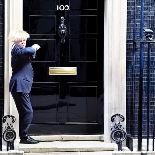 Image similar to boris johnson with a wig sneaking out of 1 0 downing street, hyperrealistic,