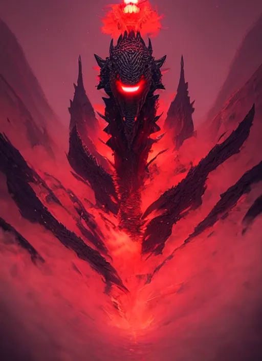 Image similar to black dragon with red demonic eyes on the red smoke background, photorealistic, ultra detailed, trending on artstation, concept art, octane render, unreal engine, by shinji aramaki, by christopher balaskas, by krenz cushart