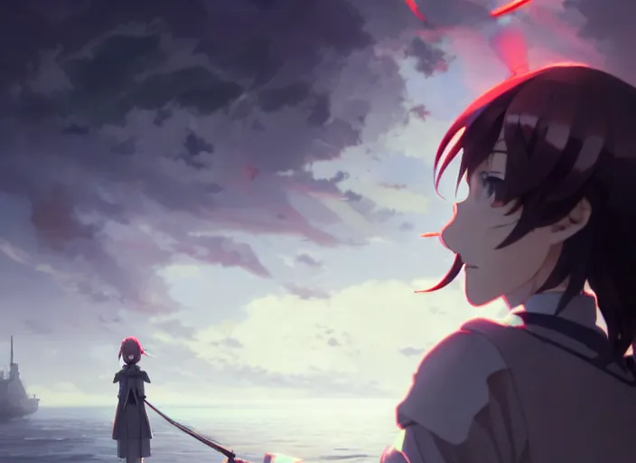 Image similar to side portrait of inquisitor maria, helm of second world war warship in background, fog landscape, illustration concept art anime key visual trending pixiv fanbox by wlop and greg rutkowski and makoto shinkai and studio ghibli and kyoto animation, grimdark, symmetrical facial features, astral witch clothes, dieselpunk, gapmoe yandere, backlit