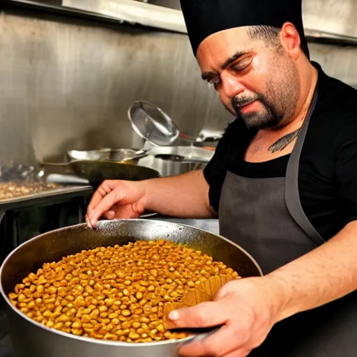 Prompt: karlos arguinano wearing a chef's hat cooking some lentils in hell