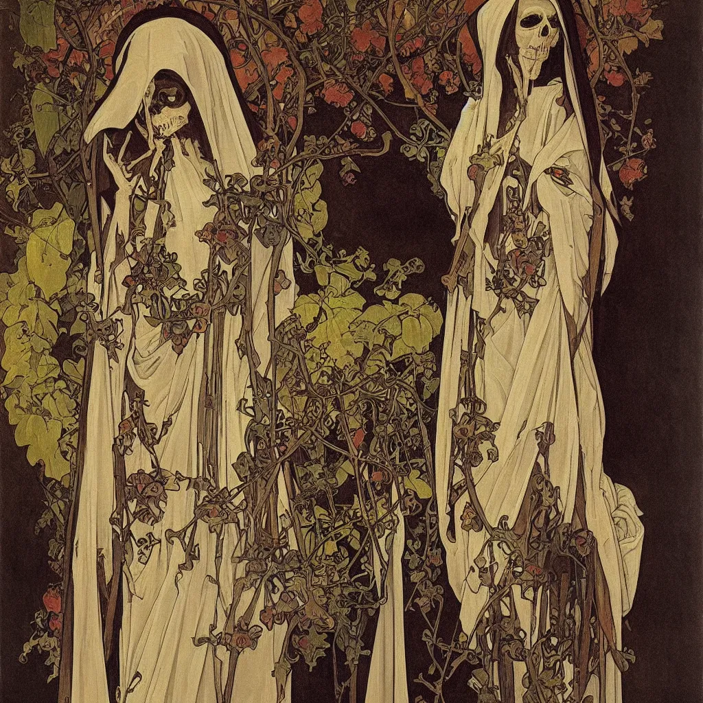 Image similar to Stunning portrait of a skeleton nun in Realistic style by Alphonse Mucha,oil on canvas