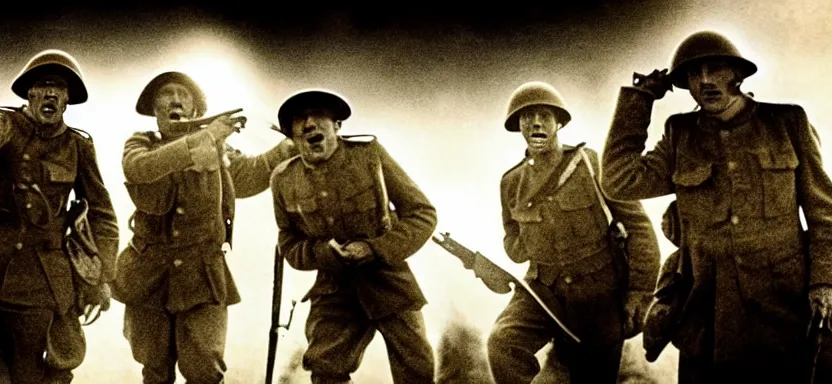 Prompt: horrified World War 1 soldiers, high contrast lighting, IMAX cinematic film still