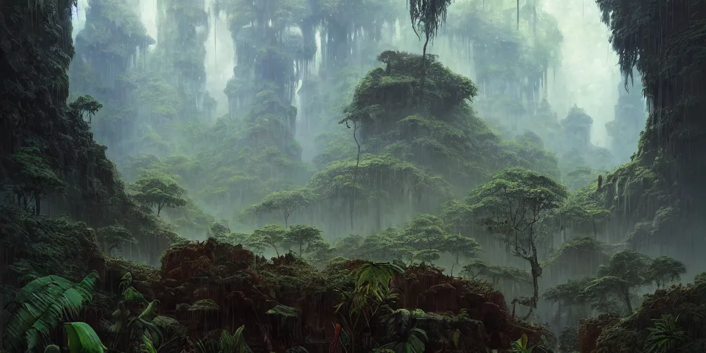 Image similar to a expressive landscape of mayan ancient jungle, artstation, award - winning realistic sci - fi concept art by jim burns and greg rutkowski, beksinski, a realism masterpiece, expressive color palette, james gilleard, bruegel, alphonse mucha, and yoshitaka amano