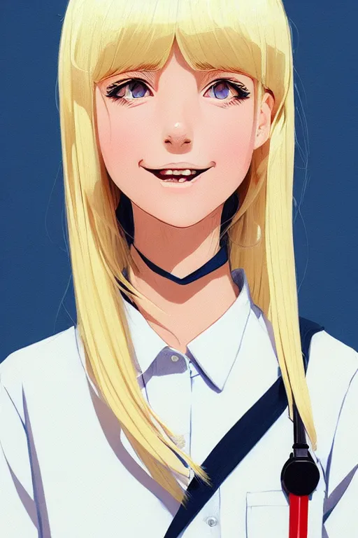 Image similar to a headshot of a very happy cute girl with shoulder - length white hair wearing school uniform, sharp focus, illustration, morandi color scheme, art station, high detailed, by ilya kuvshinov