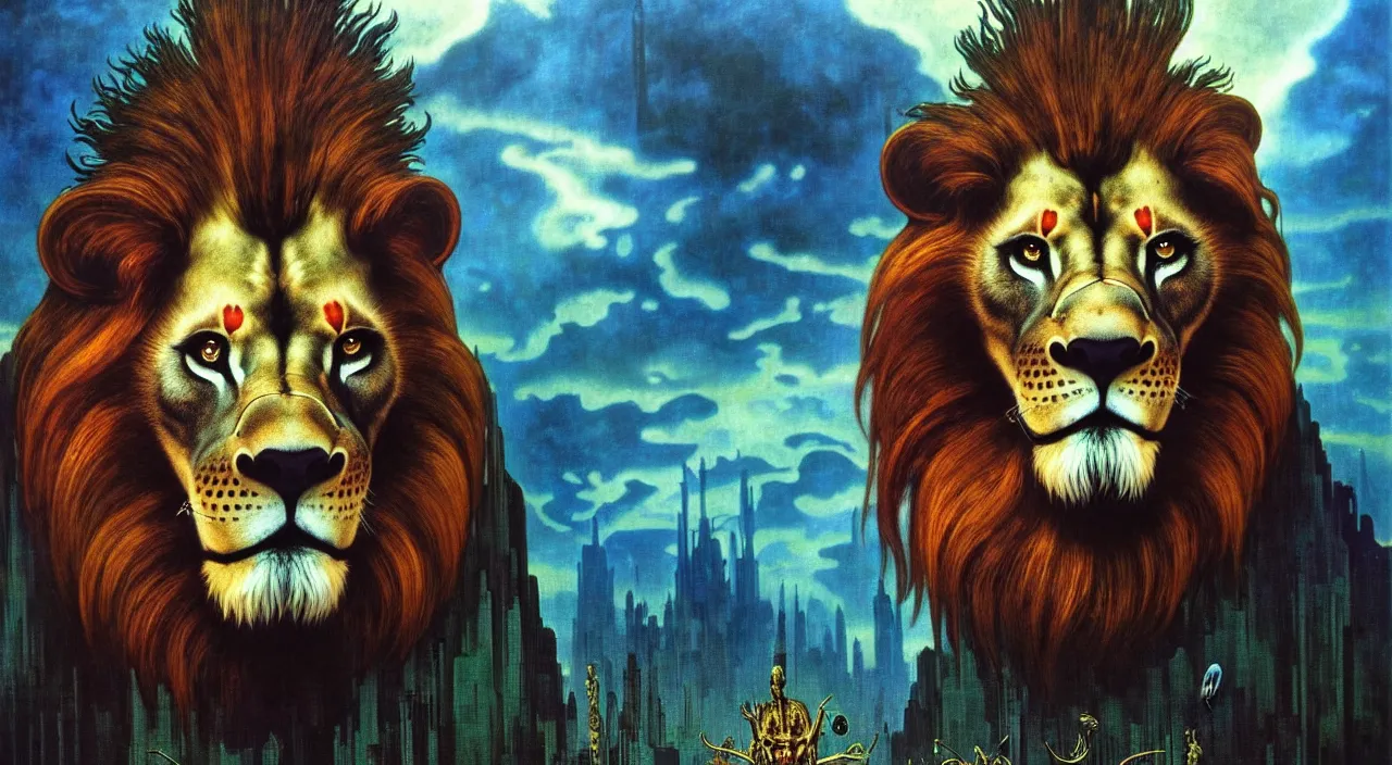 Image similar to realistic detailed portrait movie shot of a lionman wearing dark robes, sci fi city landscape background by denis villeneuve, amano, yves tanguy, alphonse mucha, ernst haeckel, max ernst, roger dean, masterpiece, rich moody colours, blue eyes, occult