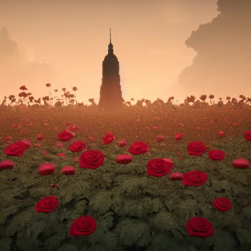 Image similar to photo of a dark tower in the center of a field of roses. golden hour. photorealism. octane render. 4 k trends on artstation. canon mark 3