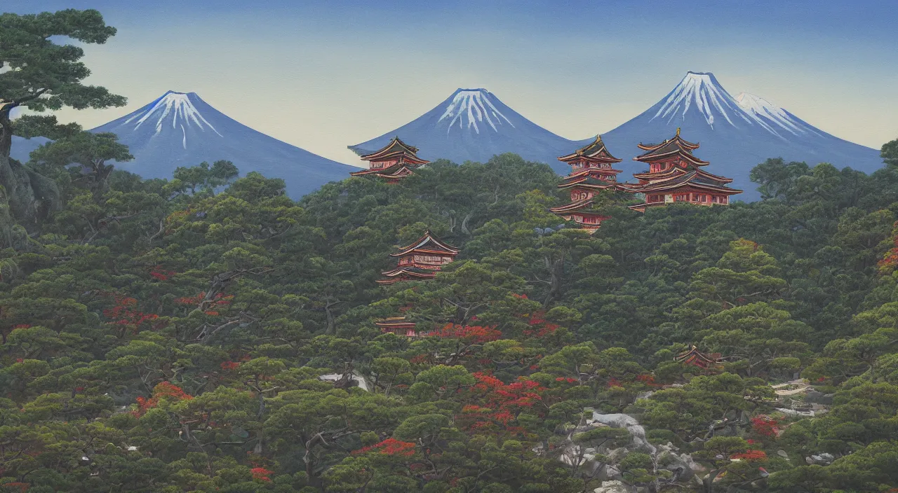Image similar to a painting of a Japanese castle, with a garden as foreground, with mountains as background, trending on artstation