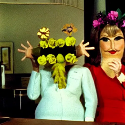 Prompt: 1972 woman on tv show with a long prosthetic snout nose, big nostrils, wearing flowers in the city 1972 color archival footage color film 16mm Fellini Almodovar John Waters Russ Meyer with hand puppet