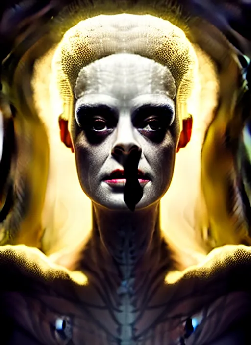 Image similar to high key lighting, portrait of a beautiful gentle futuristic bride of frankenstein, kintsugi, modern fine art, fractal, intricate, elegant, highly detailed, digital photography, subsurface scattering, by jheronimus bosch and greg rutkowski, andy worhol