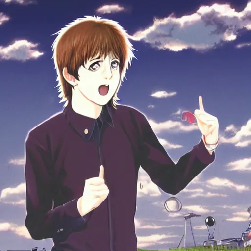 Prompt: anime illustration of young Paul McCartney from the Beatles, wearing a blue and white check shirt, silver sports watch, outdoors at a music festival, relaxing and smiling at camera, white clouds, ufotable