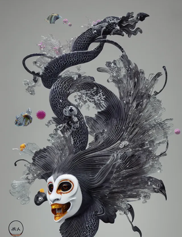 Image similar to 3 d goddess bottom - up with ram skull. beautiful intricately detailed japanese crow kitsune mask and clasical japanese kimono. betta fish, jellyfish phoenix, bio luminescent, plasma, ice, water, wind, creature, artwork by tooth wu and wlop and beeple and greg rutkowski