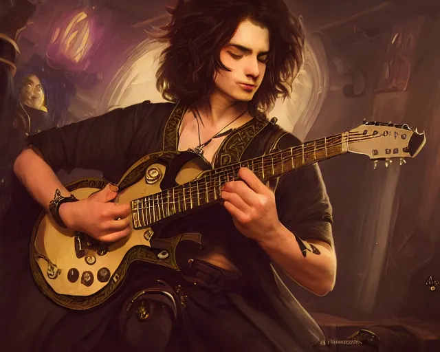 Image similar to photography of bard wearing a band shirt while playing a black electric guitar at a tavern concert, 8 k, deep focus, d & d, fantasy, intricate, elegant, highly detailed, digital painting, artstation, concept art, matte, sharp focus, illustration, hearthstone, art by artgerm and greg rutkowski and alphonse mucha