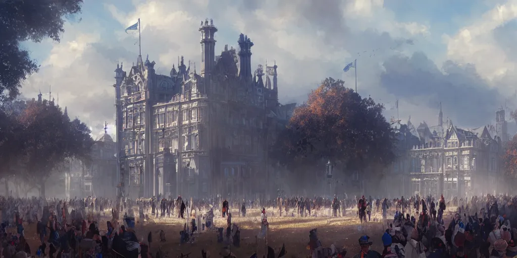 Image similar to portrait of a victorian parade ground, blue sky, volumetric, well lit, victorian, detailed, realistic, digital art by greg rutkowski and jordan grimmer