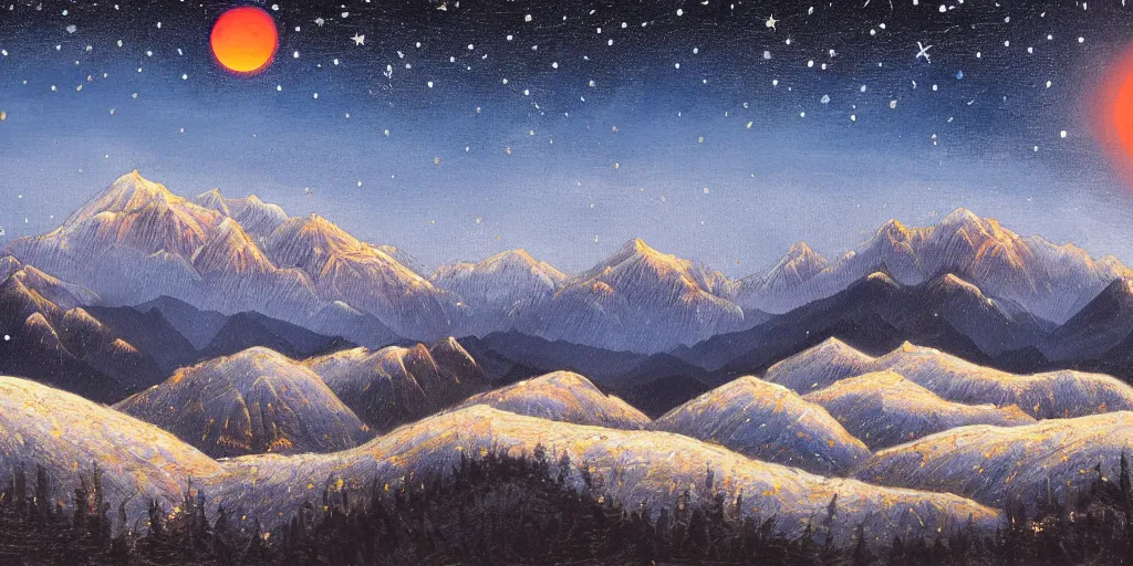 Prompt: 8k intricate ultrarealistic portrait of Kashmir landscape with red moon and starry night in the background, icy mountains in the background