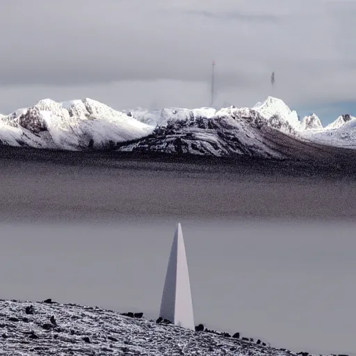 Image similar to a artic desert with snow capped mountains and a floating obelisk. overcast sky, grainy, snowing.