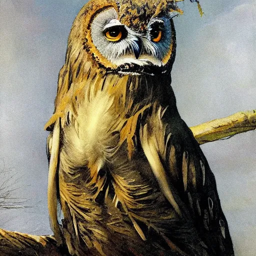 Image similar to shredded physique feathered round neck beak Portrait of Henry James camouflaged as Owl whilst wearing a yellow tuxedo Standing atop a Garbage Truck Greg Rutkowski Vik Muniz clarence holbrook carter Andrew Wyeth Dan Witz