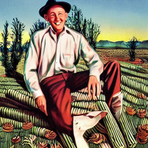 Image similar to vintage art of Bing Crosby in a field of giant asparagus