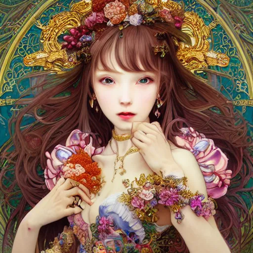 Image similar to a masterpiece ultrarealistic ultradetailed portrait of beautiful love jewelry mecha genius witch girl on fruits street market baroque renaissance. medium shot, intricate, elegant, by stanley artgerm lau, wlop, alphonse mucha, rossdraws, andrei riabovitchev, yoshitaka amano. flower background my james jeand and takashi murakami.