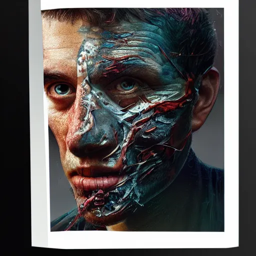 Prompt: portrait artwork of man tearing the skin from his face to reveal lizard skin. Artwork by Dan Mumford, realistic cinematic lighting, ultra detailed, hyper realism