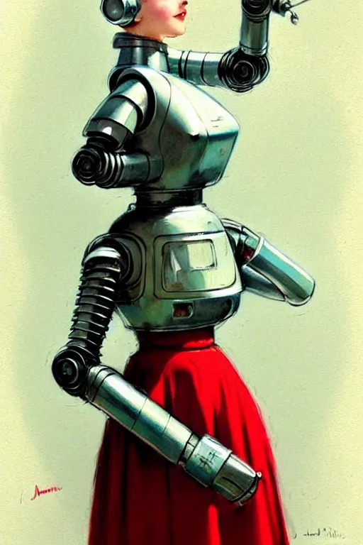 Image similar to adventurer ( ( ( ( ( 1 9 5 0 s retro future android robot maid. muted colors. ) ) ) ) ) by jean baptiste monge!!!!!!!!!!!!!!!!!!!!!!!!! chrome red