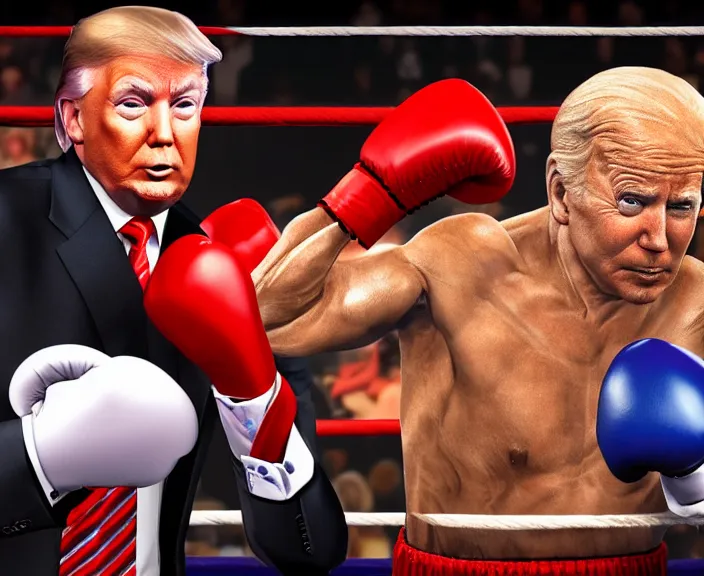 Image similar to hyper detailed ultra sharp full body character portrait of donald trump in a boxing match with joe biden, cinematic lighting, good value control, league of legends splash art, photorealistic eyes, smooth, realistic shading, enhance face, painted texture maps,