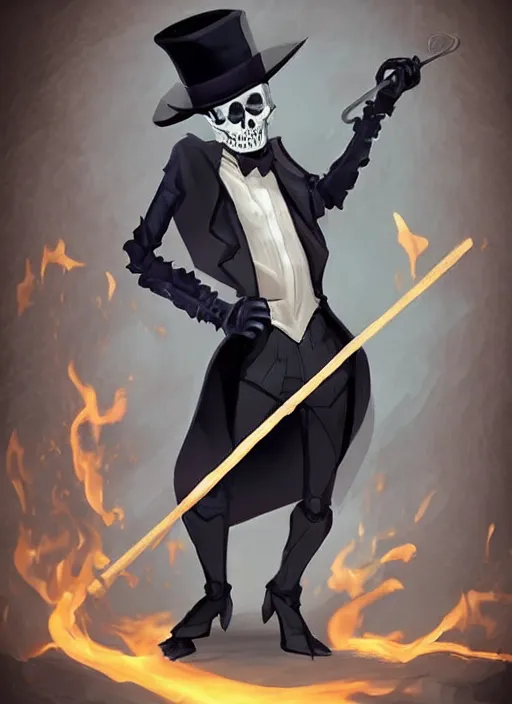 Image similar to DND character concept, skeletal male figure, wearing a deep black suit!!! and tie and top hat, holding a gold! cane!. Surrounded by light blue!!! flames!!