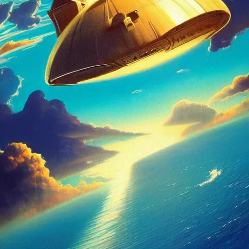 Image similar to beautiful matte painting of golden shores of a blue dreamy ocean, heavenly island in the clouds floating above the ocean, spaceship flying by, towering mountains emerging from the ocean, entrance to a city, sci - fi, daylight, blue sky, cinematic lighting, cinematic perspective, syd mead, john harris, federico pelat