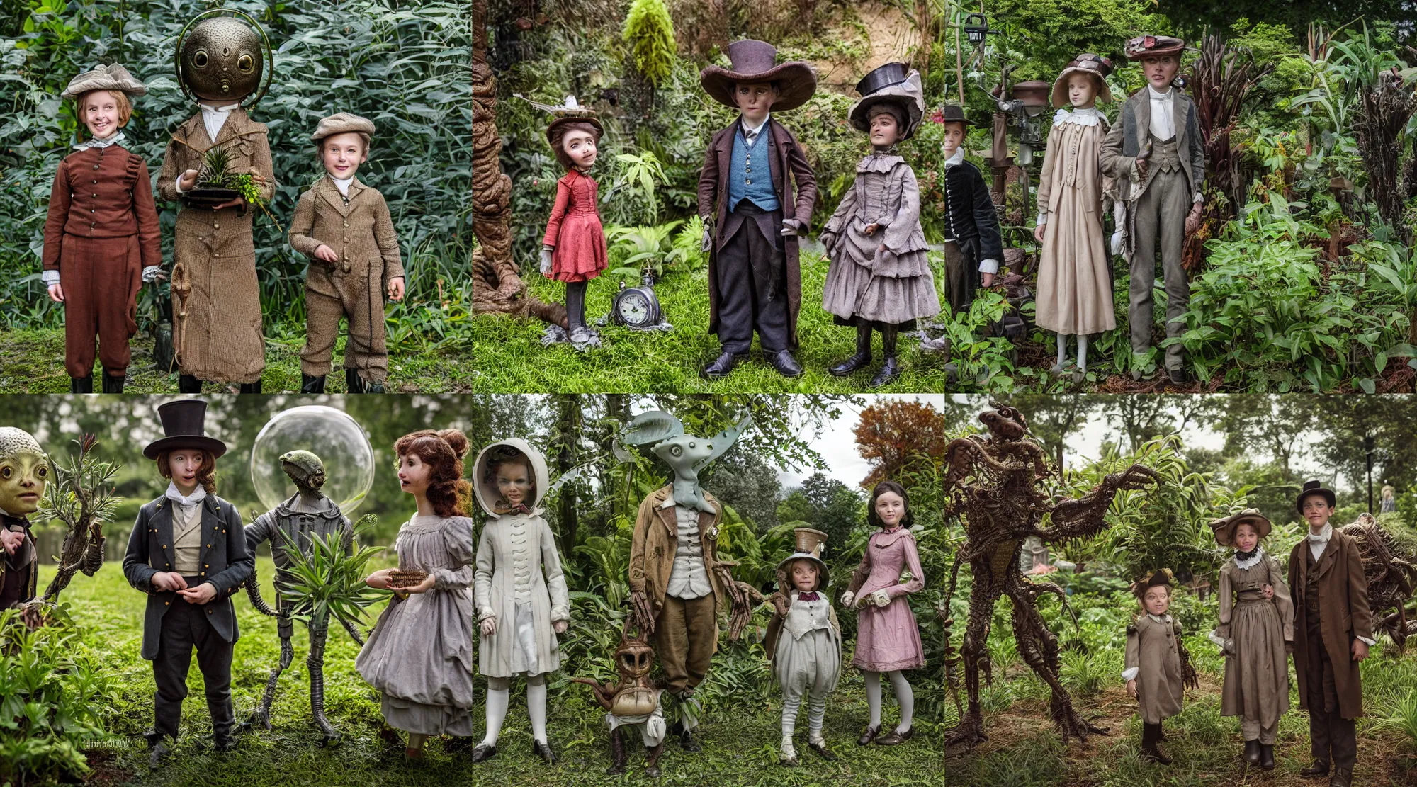 Prompt: detailed, sharp, a girl and a boy standing next to some alien plants, looking happy, wearing 1850s era clothes, their small pet alien creature is playing nearby, in a park on an alien planet, steampunk, extremely highly detailed, hyperrealistic, highly detailed faces, 70 mm still from a period sci fi movie, HD, 4k, cinematic