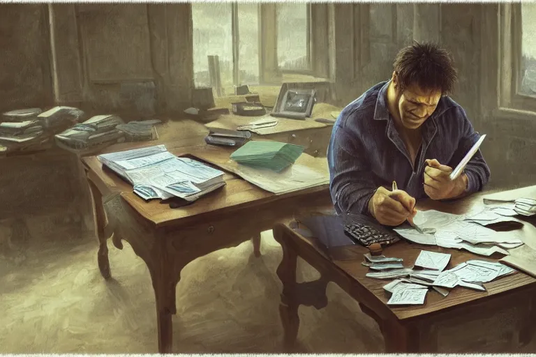 Prompt: the hulk sitting at a desk using a small calculator to do his taxes, calculator, oil on canvas, intricate, 8 k highly professionally detailed, hdr, cgsociety