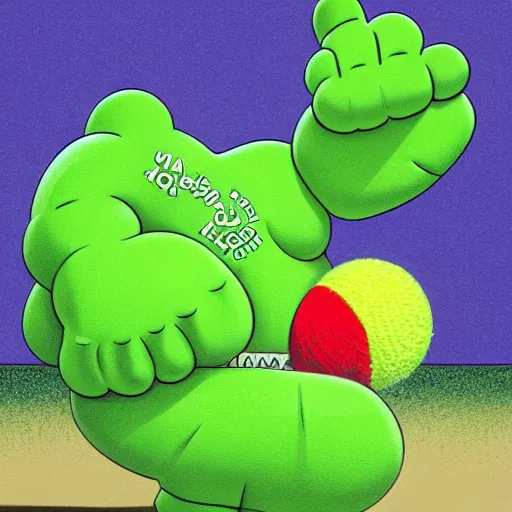 Image similar to a tennis ball monster ,tennis ball,kaws ,chalk digital art, fantasy, magic, trending on artstation, ultra detailed, professional illustration by Basil Gogos