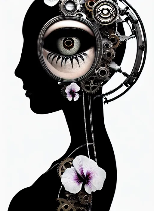 Prompt: 1 9 3 0 black and white gothic masterpiece profile face portrait, one steampunk eye biomechanical beautiful young female cyborg - robot, body meshes, big monocular, volumetric light, hibiscus flowers, by hg giger, rim light, big gothic fashion pearl embroidered collar, 8 k