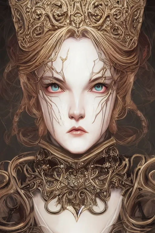 Prompt: portrait of a woman's face, baroque style, elegant, beautiful, mesmerizing, concept art, fancy clothing, highly detailed, artstation, trending, inspired by innocent manga, inspired by castlevania concept art, by ayami kojima, shinichi sakamoto