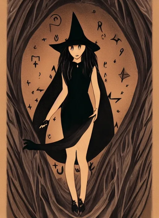 Image similar to young witch ; occult magic ; black dress ; nice face ; a crow sitting on her head ; dark colors ; cinematic light