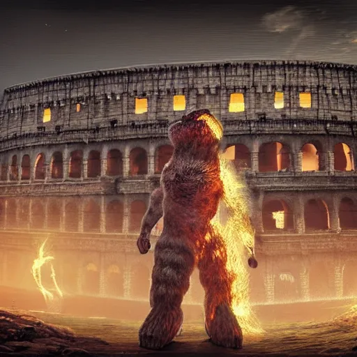 Prompt: huge Colosseum monster art by Mike Winkelmann, power auras, sigils, tattered cloth robes, substance 3d painter, PBR textures, Physical based rendering, cinematic, hyper realism, high detail, octane render, unreal engine, 8k, Vibrant colors, Smooth gradients, High contrast, depth of field, aperture