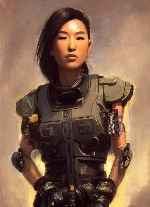 Image similar to Nikki tanaka. beautiful cyberpunk female USN marine wearing a military vest and activewear. (Cyberpunk 2077, bladerunner 2049). gorgeous face. Iranian orientalist portrait by john william waterhouse and Edwin Longsden Long and Theodore Ralli and Nasreddine Dinet, oil on canvas. Cinematic, hyper realism, realistic proportions, dramatic lighting, high detail 4k