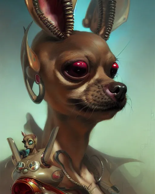 Image similar to rabid chihuahua fantasy character portrait, ultra realistic, wide angle, intricate details, blade runner artifacts, highly detailed by peter mohrbacher, boris vallejo, hajime sorayama aaron horkey, gaston bussiere, craig mullins