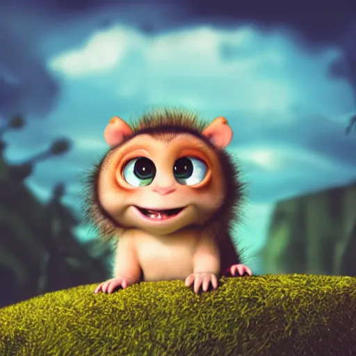 Image similar to a cute little baby monster with long fur, portrait, pixar style, extremely realistic photo, heaven background, cinematic lighting, award winning creature portrait photography